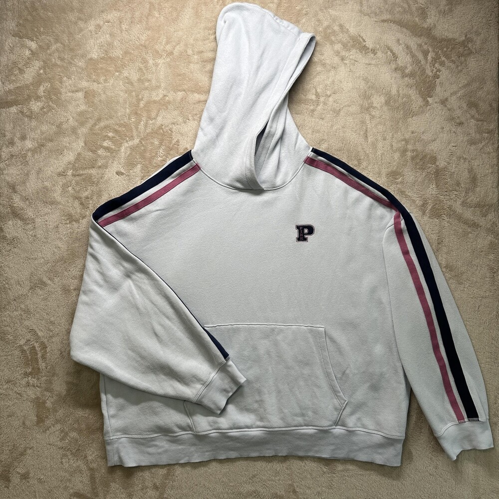 PINK Victoria's Secret Hoodie Womens 2XL White Pullover Stripe Sleeve P Logo